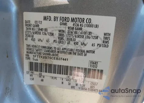 2012 Ford F-250 Lariat из США, поврежденный, VIN 1FT7X2BT5CEB37441